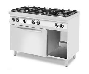 Gas cookers 6-burner on a base with three sides closed, with gas or electric oven with gas oven Grafen 227923 MBM