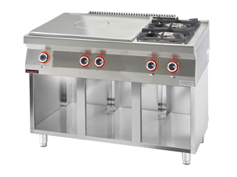 Gas cooktop chrome 800 mm + 1x4,5kW + 1x7,5kW on open cabinet base 700.KG-2/I-800.S Kromet