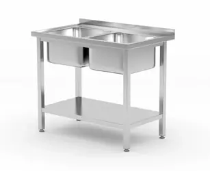 Table with 2-bowl sink and shelf Budget Line - bolted 1000x600x(H)850 | HENDI 817032