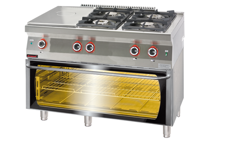 Gas cooktop chrome 800 mm + 2x4,5kW + 2x7,5kW with electric oven module 3xGN 1/1 700.KG-4/I-400/PE-3 Kromet