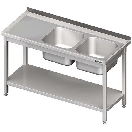 Steel table with shelf with 2-bowl right-hand sink, bolted, pressed top, 1400x600x850 mm 613746 STALGAST