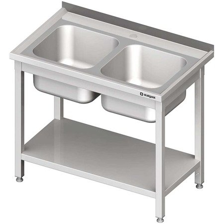 Steel table with shelf with 2-bowl sink, bolted, pressed top, 1000x600x850 mm 613706 STALGAST