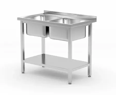 Table with 2-bowl sink and shelf Budget Line - bolted 1000x600x(H)850 | HENDI 817032