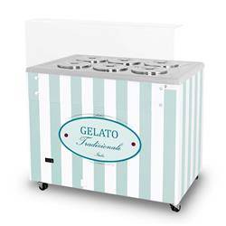 Eiscreme-Spender | Eiscreme-Vitrine | Konservator | Retro | 6 Röhren | runde Schalen | 1063x670x895 mm | GELATO POZETTI 6 PASTEL BLUE