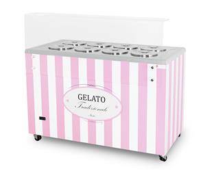 Eiscreme-Spender | Eiscreme-Vitrine | Konservator | Retro | 8 Tuben | runde Schalen | 1283x670x895 mm | GELATO POZETTI 8 PINK