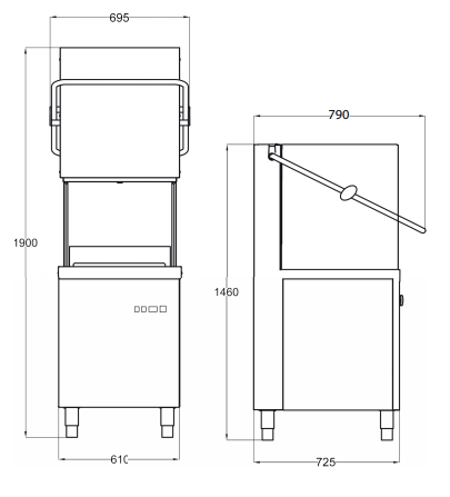 Haubengeschirrspüler | 4 Reinigungszyklen | Ablaufpumpe | 610x725x1460 mm | 9,7 kW