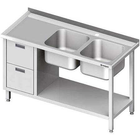 Tisch mit 2-Fach-Spüle.(P), mit zwei Schubladen und Regal 1400x600x850 mm STALGAST MEBLE 981076140