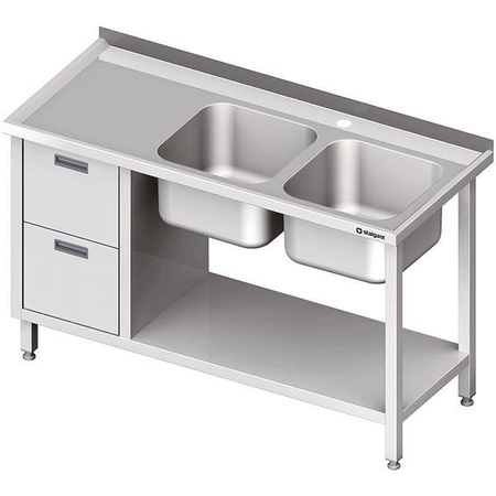 Tisch mit 2-Fach-Spüle.(P), mit zwei Schubladen und Regal 1700x600x850 mm STALGAST MEBLE 981076170