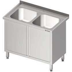 Stół stalowy ze zlewem 2-komorowym, drzwi skrzydłowe, blat tłoczony, 1000x600x850 mm 616306 STALGAST