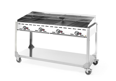 Grill gazowy Green Fire Profi Line 4-palnikowy z półką - 2 patelnie żeli HENDI 149614