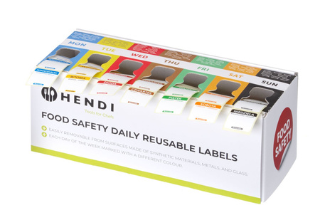 Zestaw etykiet wielorazowych Food Safety na każdy dzień tygodnia z podajnikiem, HENDI, 240x80x(H)100mm | 850305