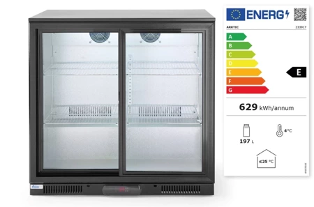 Chłodziarka barowa z podwójnymi drzwiami suwanymi, Arktic, 158L, czarny, 220-240V/160W, 900x520x(H)865mm HENDI 233917